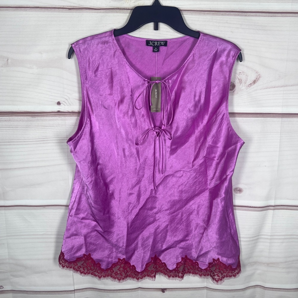 J.Crew Tank Top Women XL Purple Sleeveless Lace Hem Satin Tie Neck Blouse Party